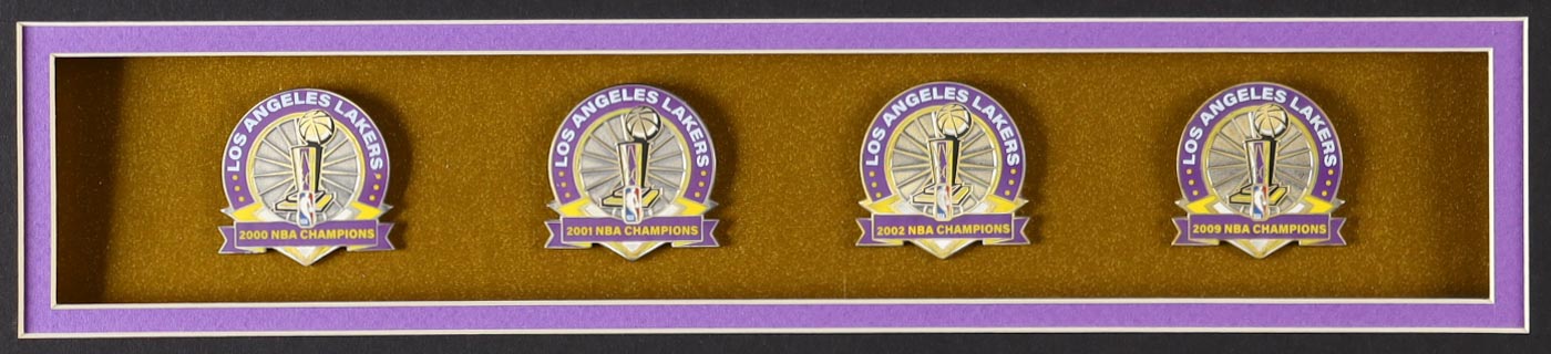 Kobe Bryant Lakers Custom Framed Jersey Display With Set of (4) LE NBA Championship Pins, (2) Cloth Team Logo Patches & (2) Photos at PristineAuction.com Kobe Bryant Lakers Custom Framed Jersey Display With Set of (4) LE NBA Championship Pins, (2) Cloth Team Logo Patches & (2) Photos at PristineAuction.com