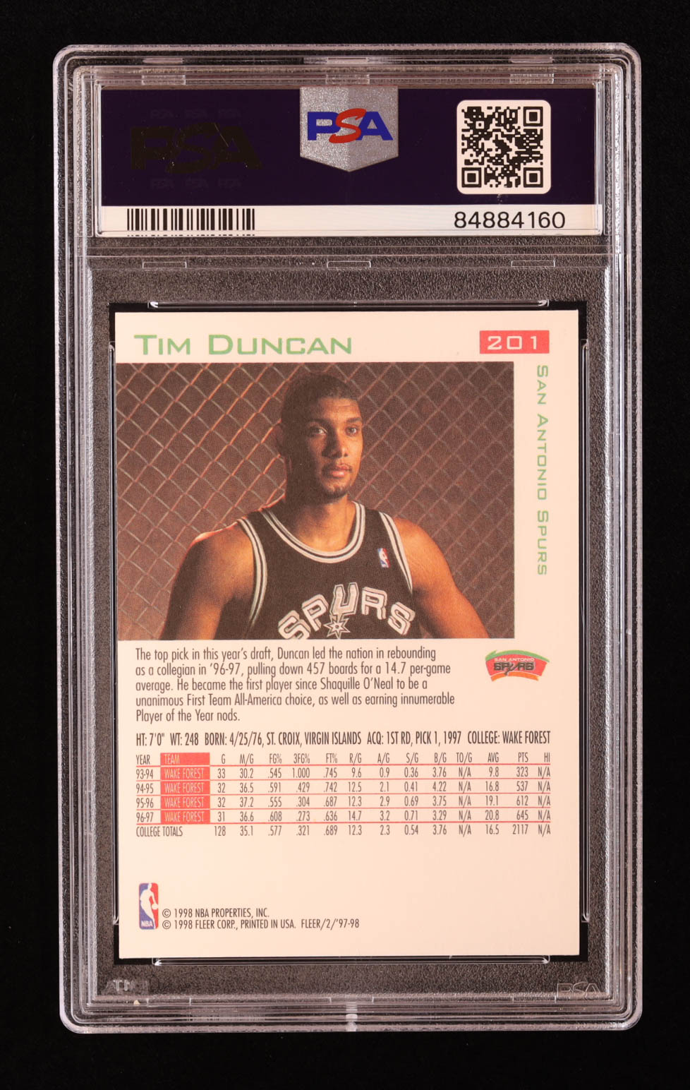 Tim Duncan 1997-98 Fleer #201 RC (PSA 9) at PristineAuction.com Tim Duncan 1997-98 Fleer #201 RC (PSA 9) at PristineAuction.com