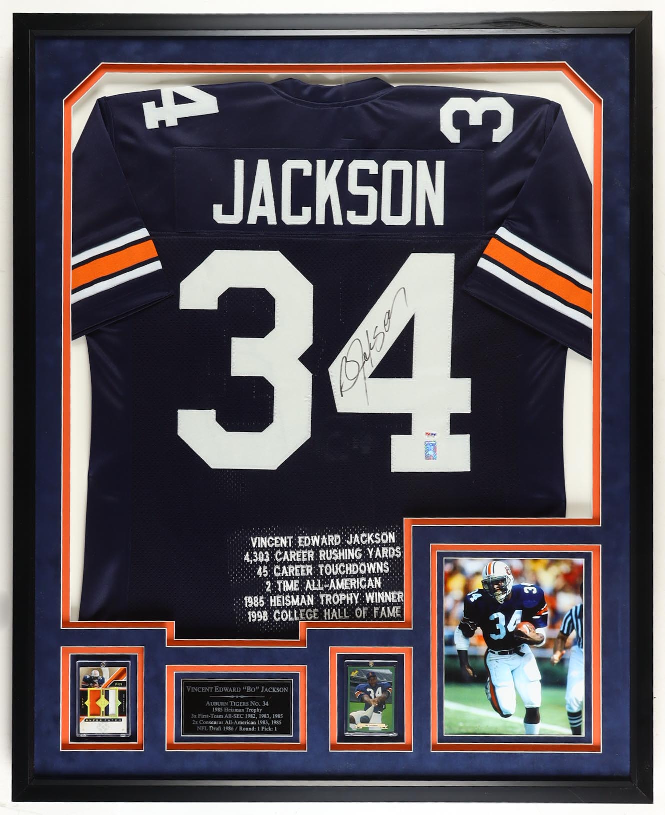 Bo Jackson Signed Custom Framed Career Stat Highlight Jersey with (2) Trading Cards (PSA/DNA)) at PristineAuction.com Bo Jackson Signed Custom Framed Career Stat Highlight Jersey with (2) Trading Cards (PSA/DNA)) at PristineAuction.com