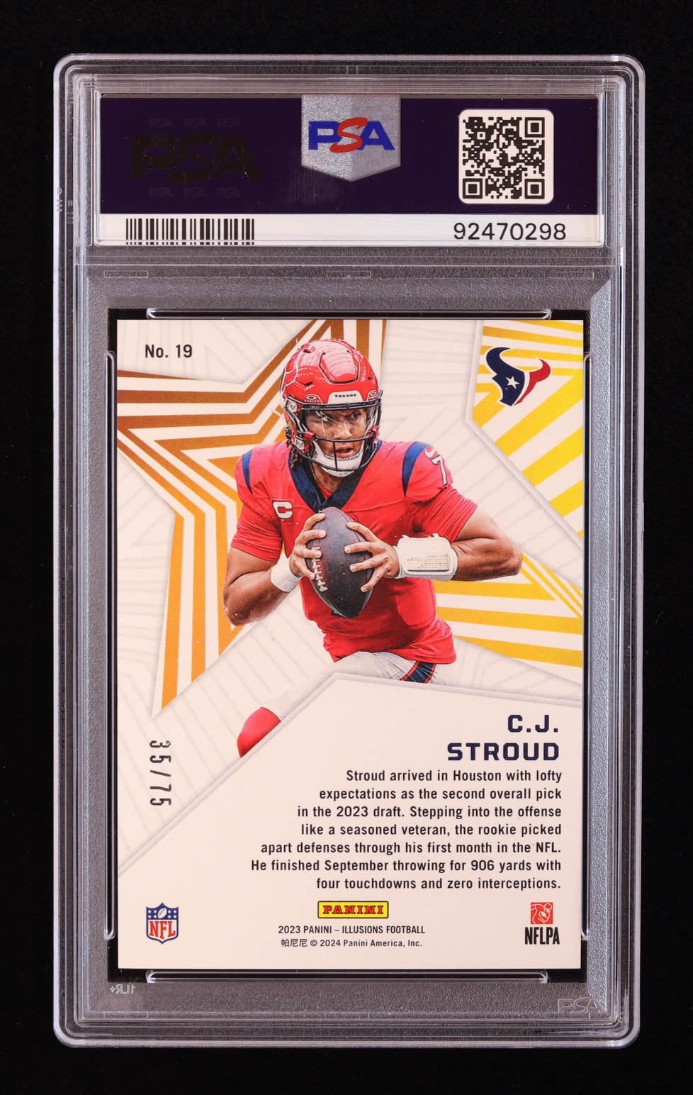 CJ Stroud 2023 Panini Illusions Shining Stars Red #19 RC #35/75 (PSA 10) at PristineAuction.com CJ Stroud 2023 Panini Illusions Shining Stars Red #19 RC #35/75 (PSA 10) at PristineAuction.com