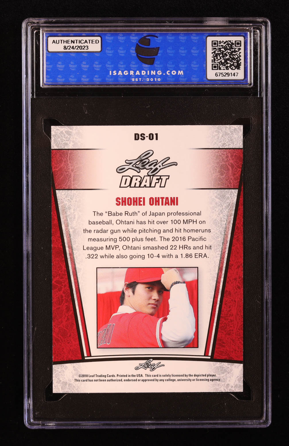 Shohei Ohtani 2018 Leaf Ohtani Draft Silver #DS01 RC (ISA 10) at PristineAuction.com Shohei Ohtani 2018 Leaf Ohtani Draft Silver #DS01 RC (ISA 10) at PristineAuction.com