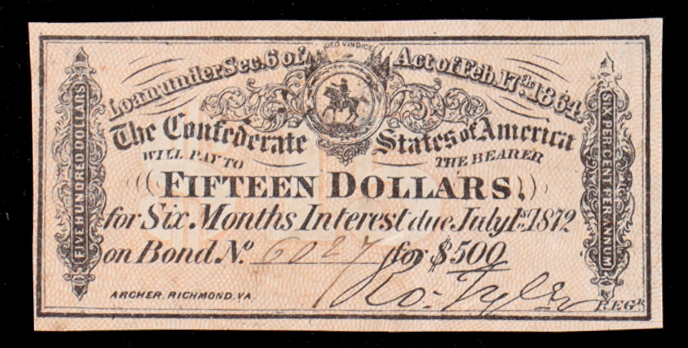 1864 $15 Fifteen Dollars Confederate States of America Richmond CSA Bank Note Bond at PristineAuction.com 1864 $15 Fifteen Dollars Confederate States of America Richmond CSA Bank Note Bond at PristineAuction.com