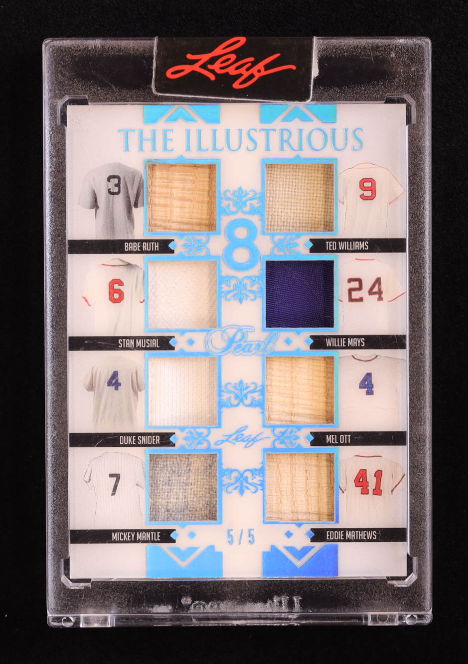 2022 Leaf Pearl The Illustrious 8 Prismatic Platinum Blue #TI4 Babe Ruth | Ted Williams | Stan Musial | Willie Mays | Duke Snider | Mel Ott | Mickey Mantle | Eddie Mathews #5/5 at PristineAuction.com 2022 Leaf Pearl The Illustrious 8 Prismatic Platinum Blue #TI4 Babe Ruth | Ted Williams | Stan Musial | Willie Mays | Duke Snider | Mel Ott | Mickey Mantle | Eddie Mathews #5/5 at PristineAuction.com