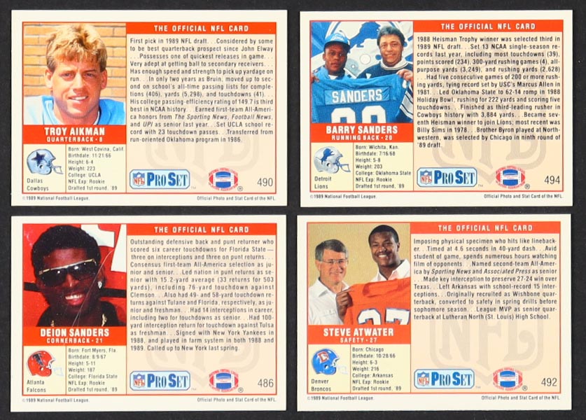 1989 Pro Set Complete Set of (561) Football Cards with Troy Aikman #490 RC, Barry Sanders #494 RC, Steve Atwater #492, Deion Sanders #486 at PristineAuction.com 1989 Pro Set Complete Set of (561) Football Cards with Troy Aikman #490 RC, Barry Sanders #494 RC, Steve Atwater #492, Deion Sanders #486 at PristineAuction.com
