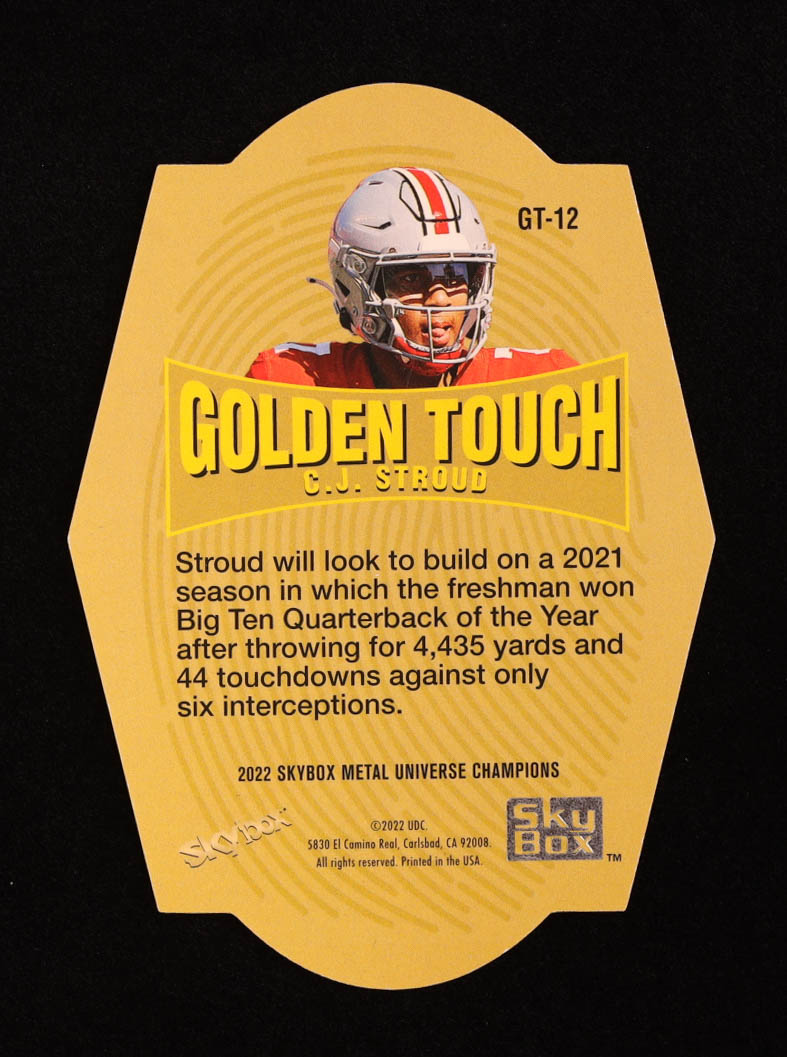 C.J. Stroud 2022 Skybox Metal Universe Champions Golden Touch #GT12 RC at PristineAuction.com C.J. Stroud 2022 Skybox Metal Universe Champions Golden Touch #GT12 RC at PristineAuction.com