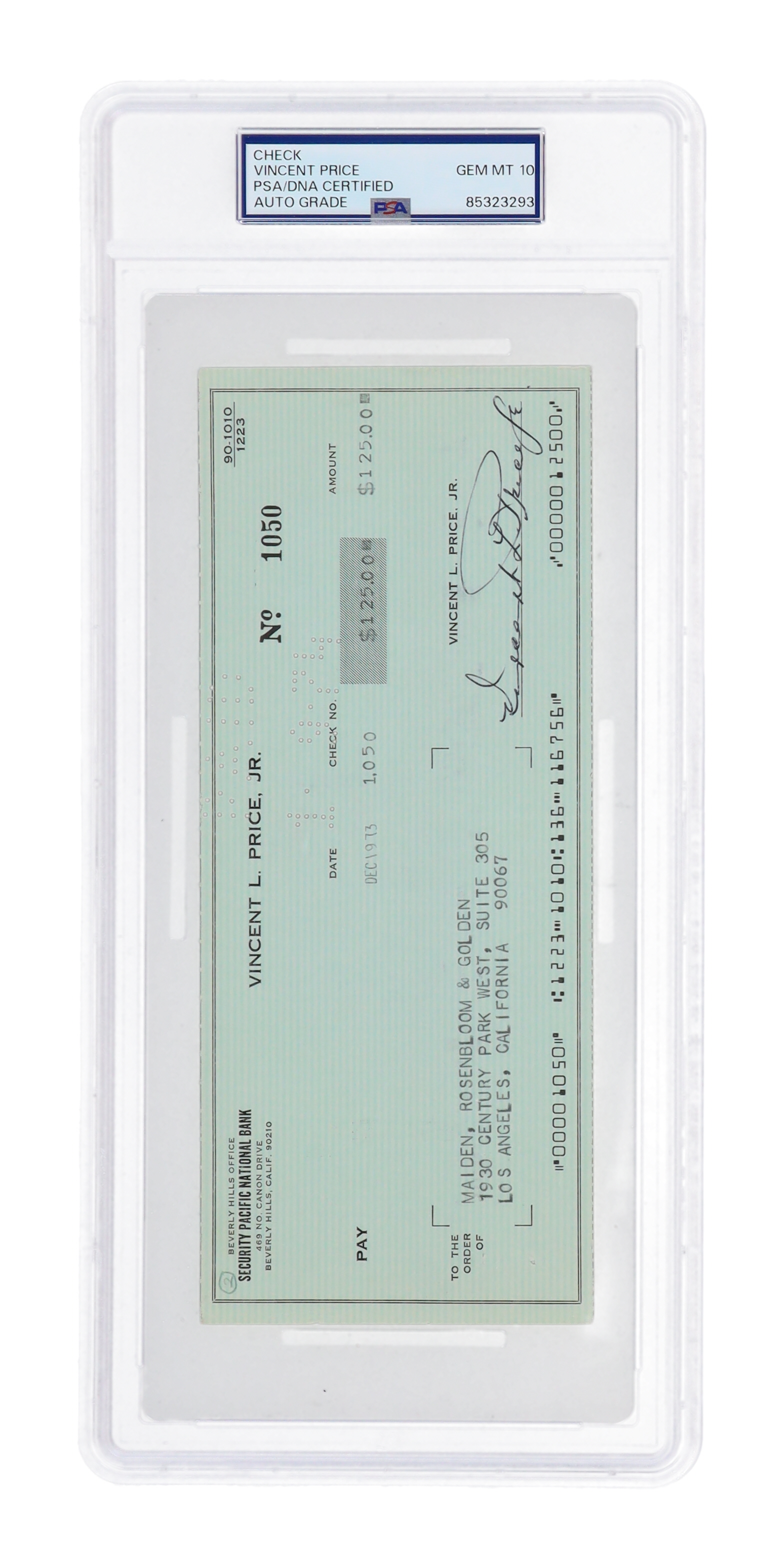 Vincent Price Signed Personal Check (PSA | Auto Grade 10) at PristineAuction.com Vincent Price Signed Personal Check (PSA | Auto Grade 10) at PristineAuction.com