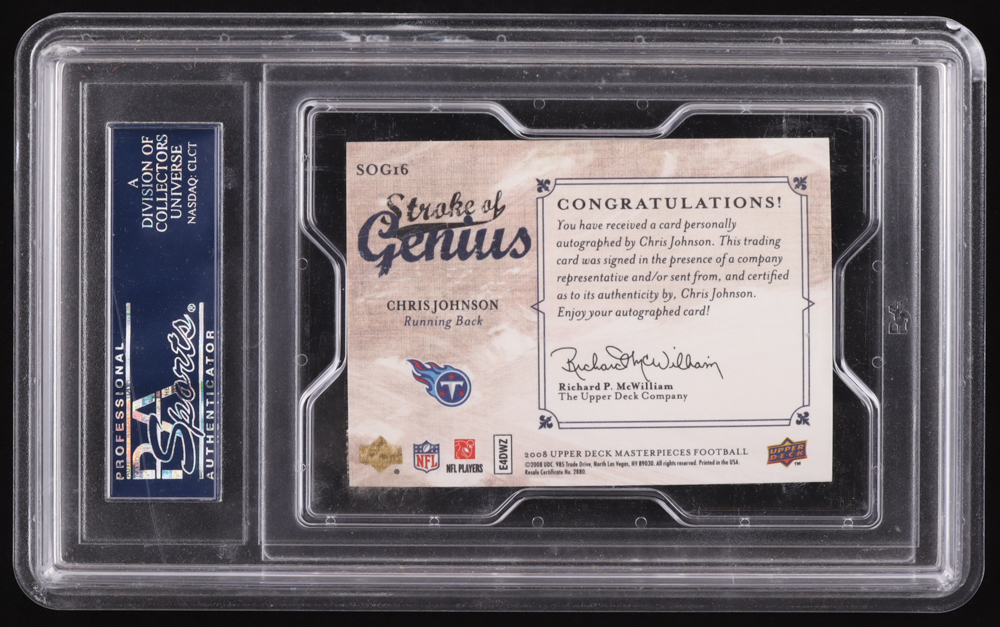 Chris Johnson 2008 Upper Deck Masterpieces Stroke of Genius #SOC16 RC (PSA 9) (OC) at PristineAuction.com Chris Johnson 2008 Upper Deck Masterpieces Stroke of Genius #SOC16 RC (PSA 9) (OC) at PristineAuction.com