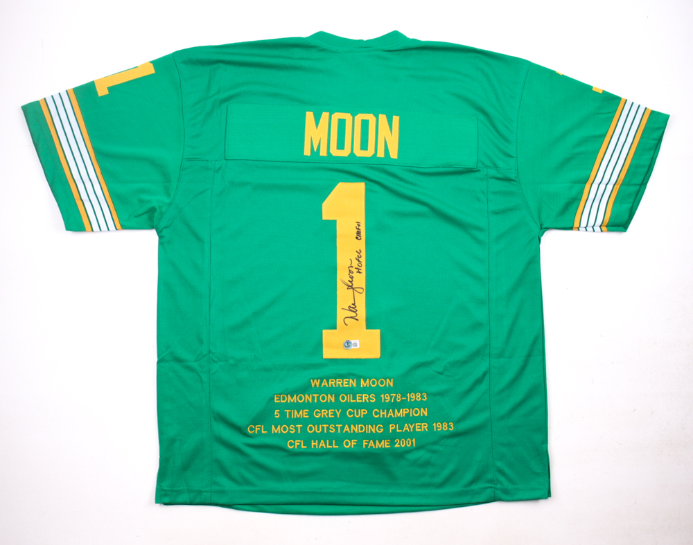 Warren Moon Signed Career Highlight Stats Jersey Inscribed "HOF 06" & "CHOF 01" (Beckett) at PristineAuction.com Warren Moon Signed Career Highlight Stats Jersey Inscribed "HOF 06" & "CHOF 01" (Beckett) at PristineAuction.com