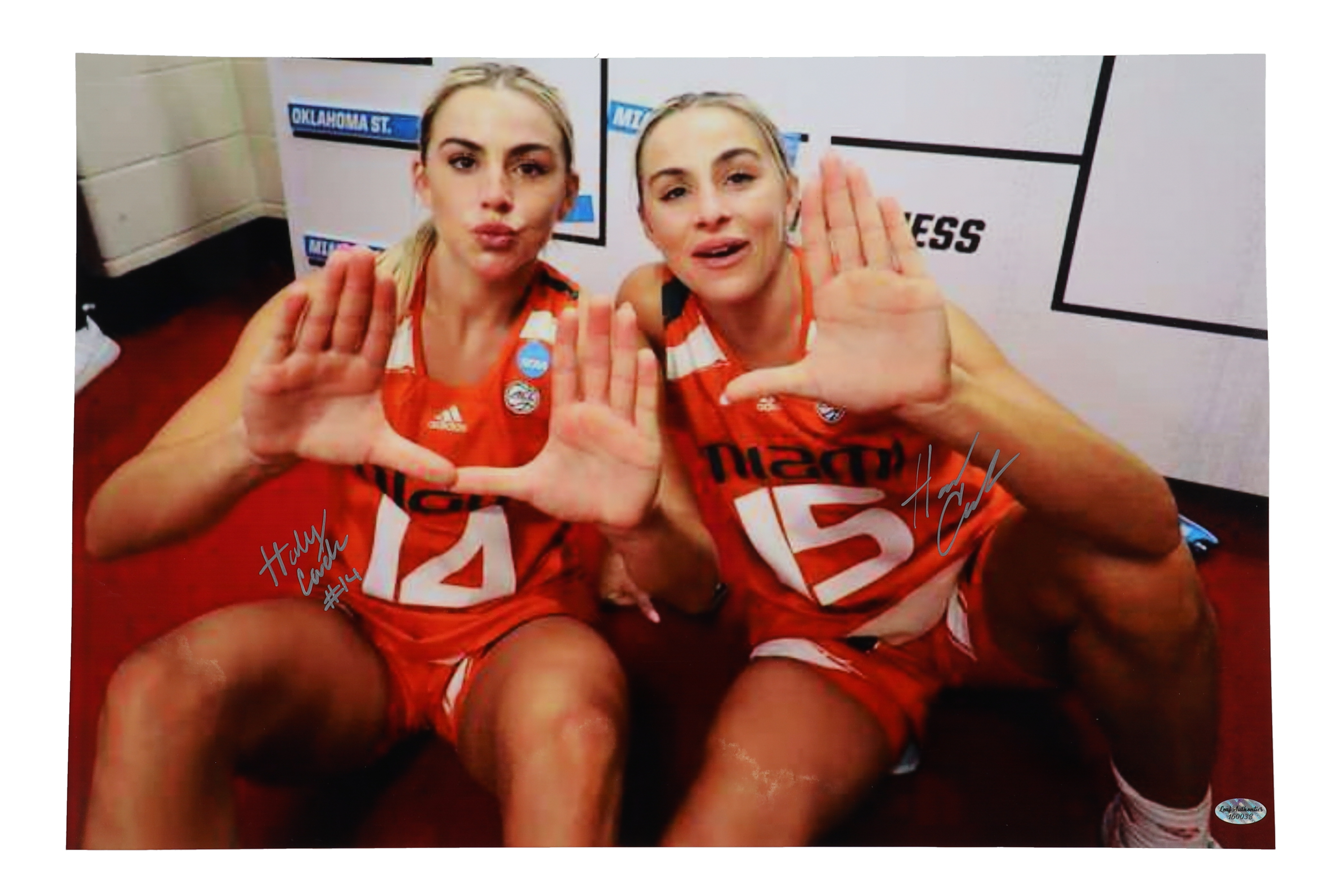Haley Cavinder & Hanna Cavinder Signed Miami Hurricanes 12x18 Photo (Leaf) at PristineAuction.com Haley Cavinder & Hanna Cavinder Signed Miami Hurricanes 12x18 Photo (Leaf) at PristineAuction.com