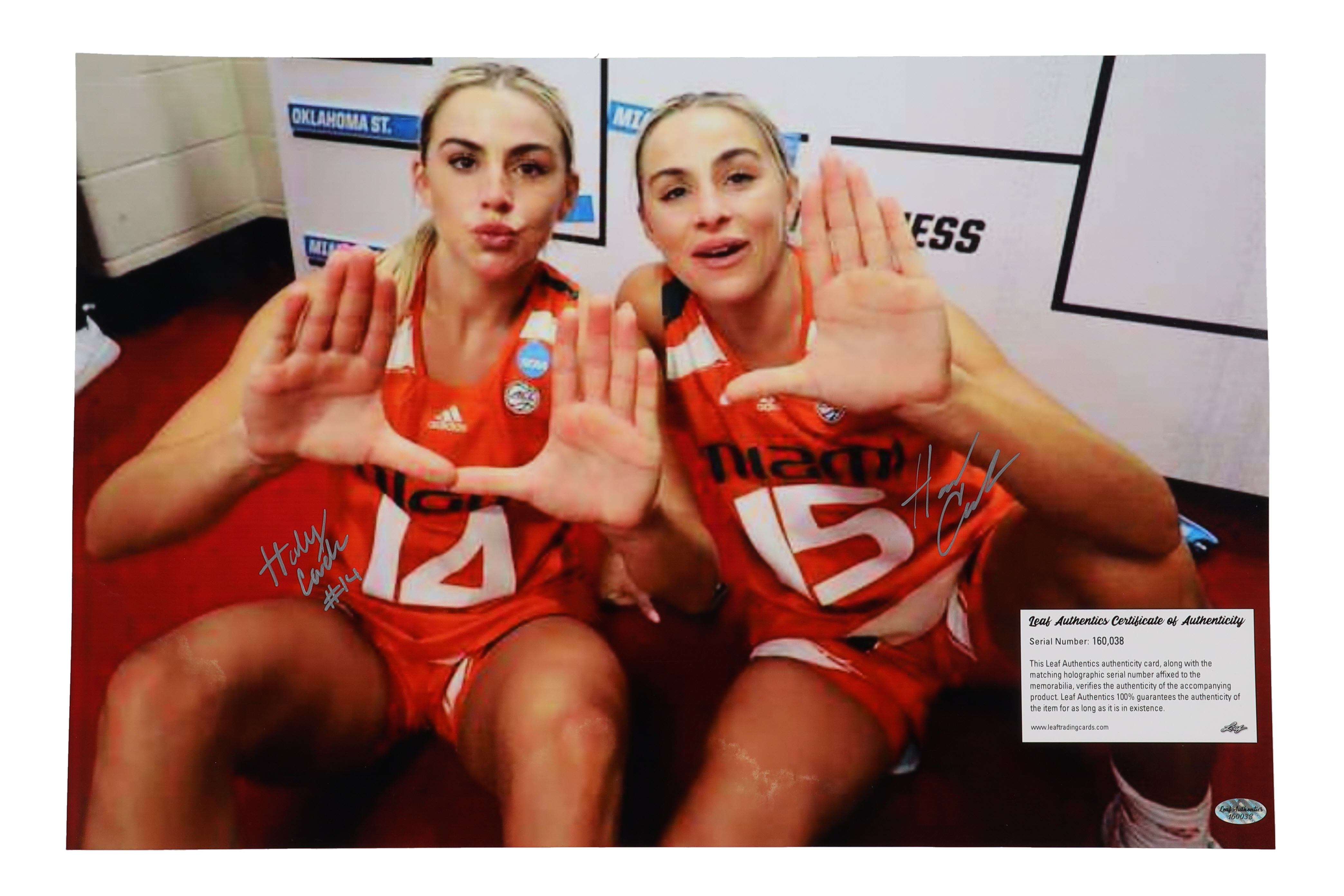 Haley Cavinder & Hanna Cavinder Signed Miami Hurricanes 12x18 Photo (Leaf) at PristineAuction.com Haley Cavinder & Hanna Cavinder Signed Miami Hurricanes 12x18 Photo (Leaf) at PristineAuction.com