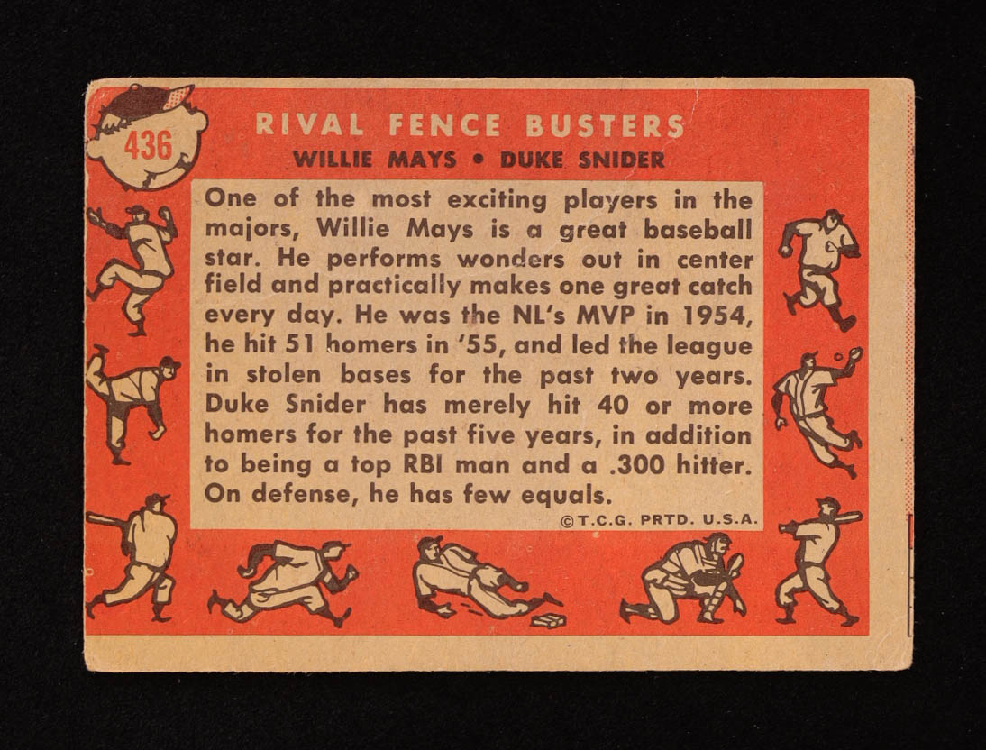 Willie Mays / Duke Snider 1958 Topps Rival Fence Busters #436 at PristineAuction.com Willie Mays / Duke Snider 1958 Topps Rival Fence Busters #436 at PristineAuction.com