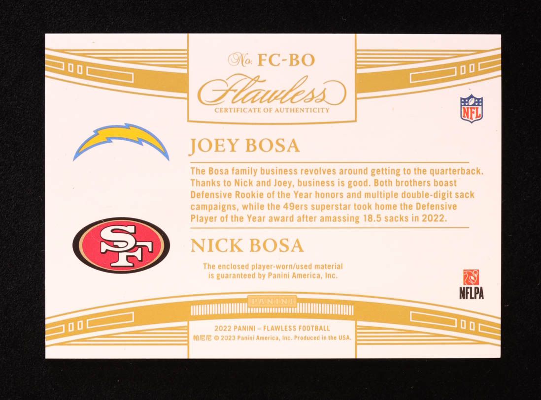 Joey Bosa/Nick Bosa 2022 Panini Flawless Flawless Connections Jerseys #10 #10/15 at PristineAuction.com Joey Bosa/Nick Bosa 2022 Panini Flawless Flawless Connections Jerseys #10 #10/15 at PristineAuction.com
