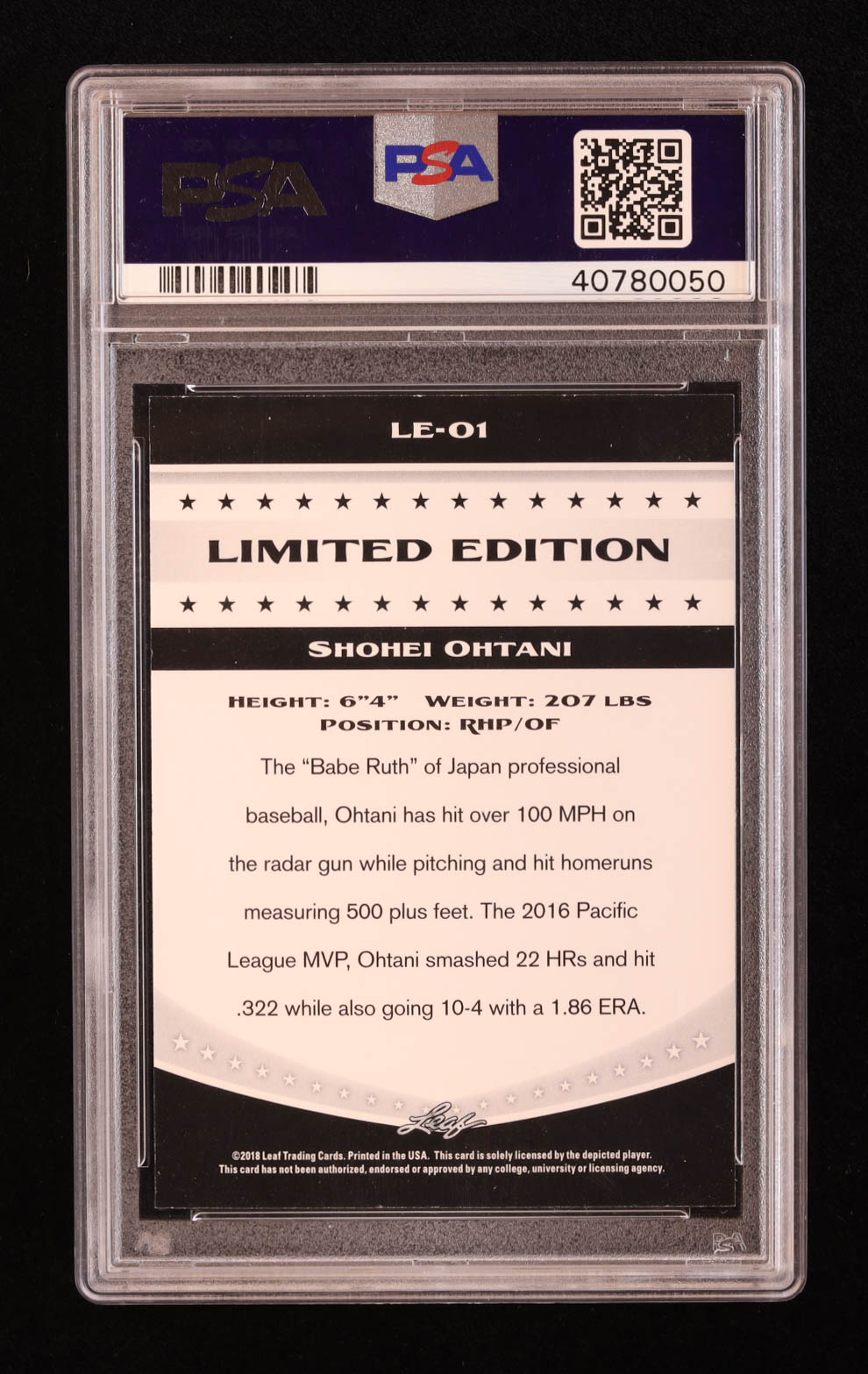 Shohei Ohtani 2018 Leaf Limited Edition #LE01 RC (PSA 10) at PristineAuction.com Shohei Ohtani 2018 Leaf Limited Edition #LE01 RC (PSA 10) at PristineAuction.com