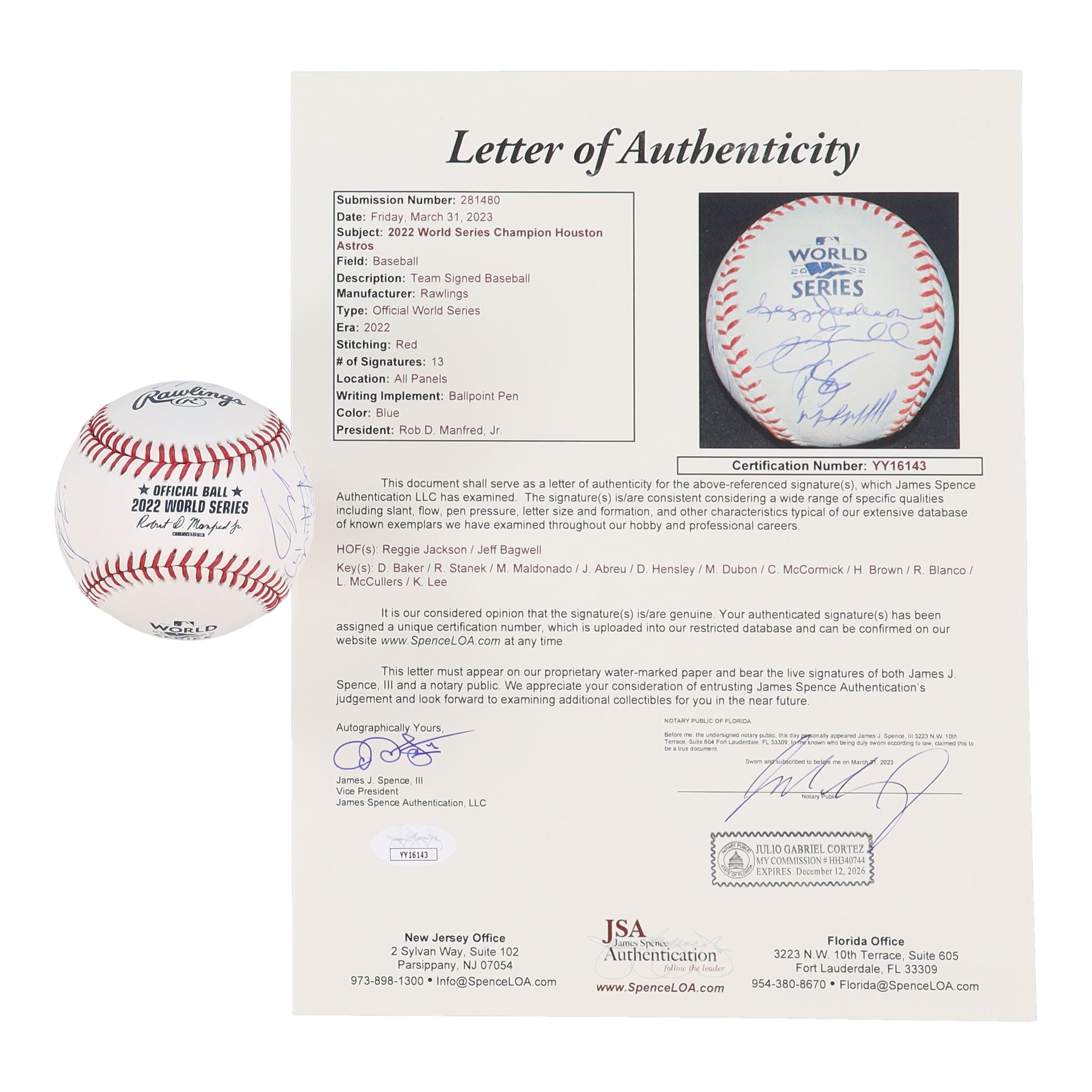 2022 World Series Baseball Signed by (13) with Reggie Jackson, Jeff Bagwell, Dusty Baker, Ryne Stanek (JSA) at PristineAuction.com 2022 World Series Baseball Signed by (13) with Reggie Jackson, Jeff Bagwell, Dusty Baker, Ryne Stanek (JSA) at PristineAuction.com