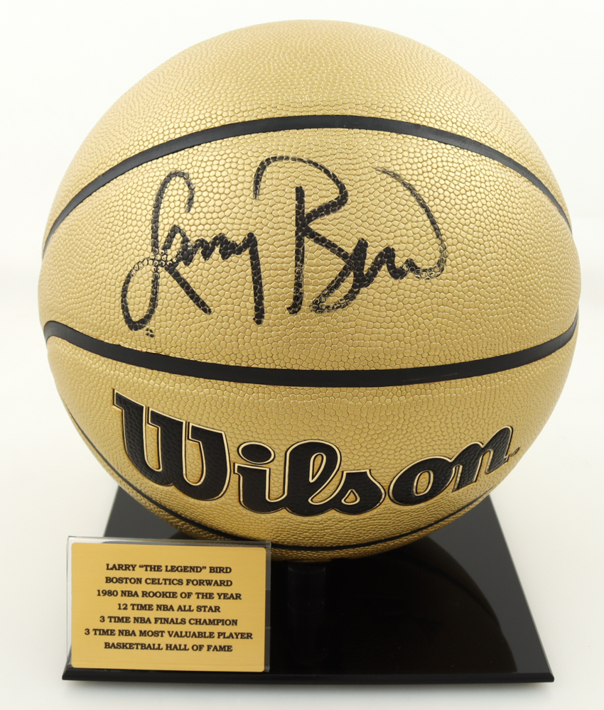 Larry Bird Signed Gold NBA Basketball With Display Stand (Beckett) at PristineAuction.com Larry Bird Signed Gold NBA Basketball With Display Stand (Beckett) at PristineAuction.com