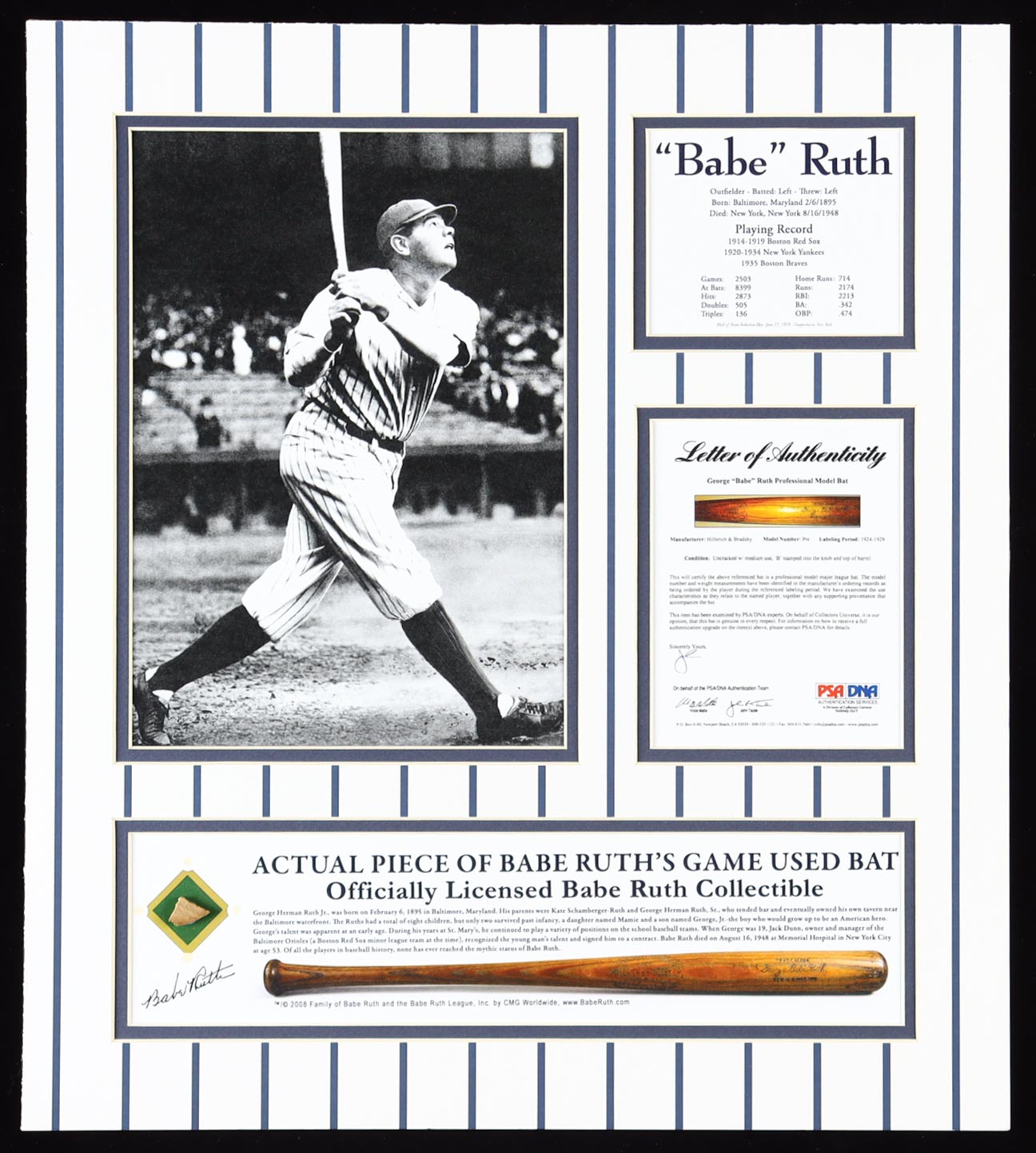 Babe Ruth Yankees Custom Matted Game-Used Baseball Bat Piece Display (PSA) at PristineAuction.com Babe Ruth Yankees Custom Matted Game-Used Baseball Bat Piece Display (PSA) at PristineAuction.com