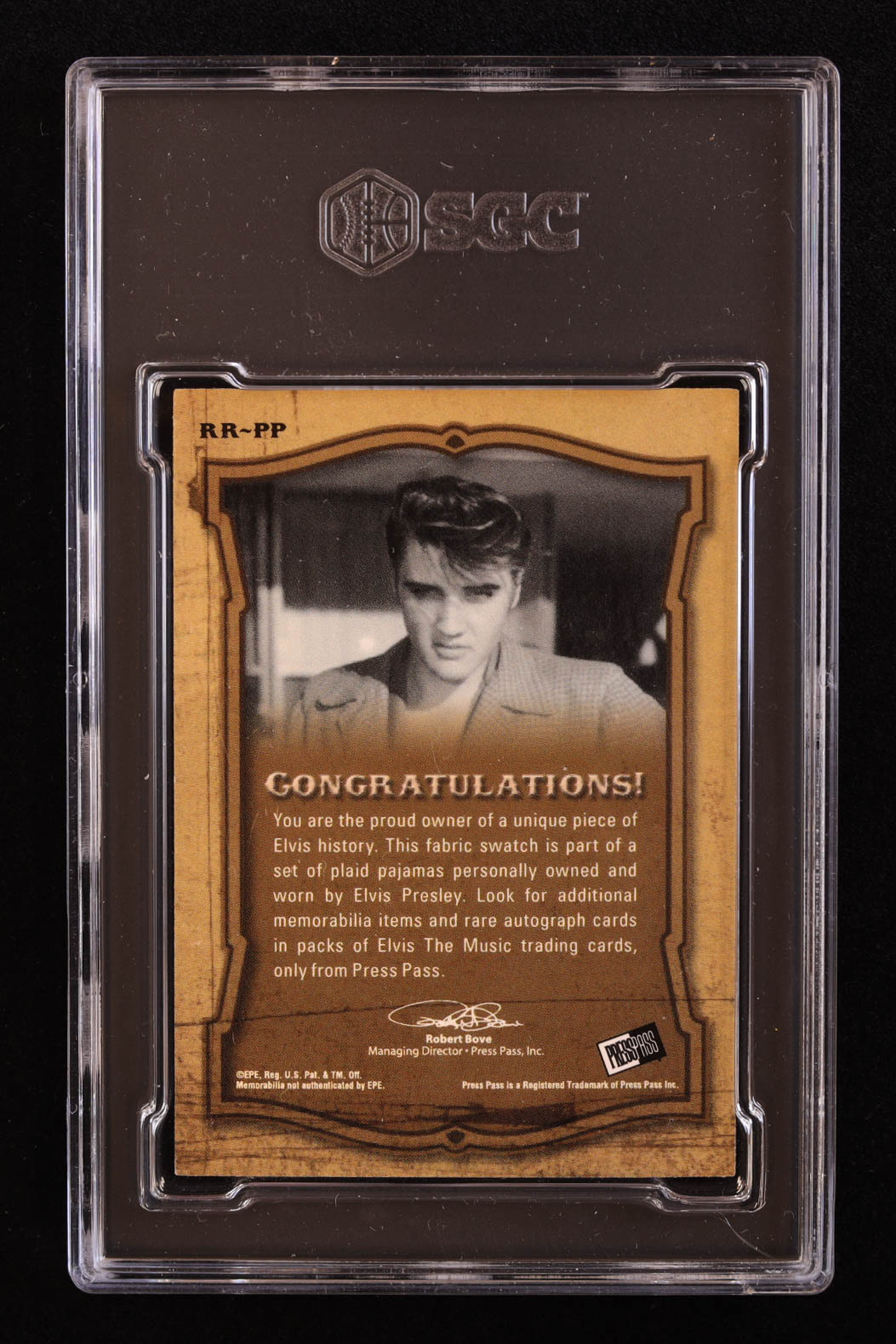 Elvis Presley 2008 Press Pass Elvis The Music Rock 'n Roll Relics #RRPP (SGC 9) at PristineAuction.com Elvis Presley 2008 Press Pass Elvis The Music Rock 'n Roll Relics #RRPP (SGC 9) at PristineAuction.com