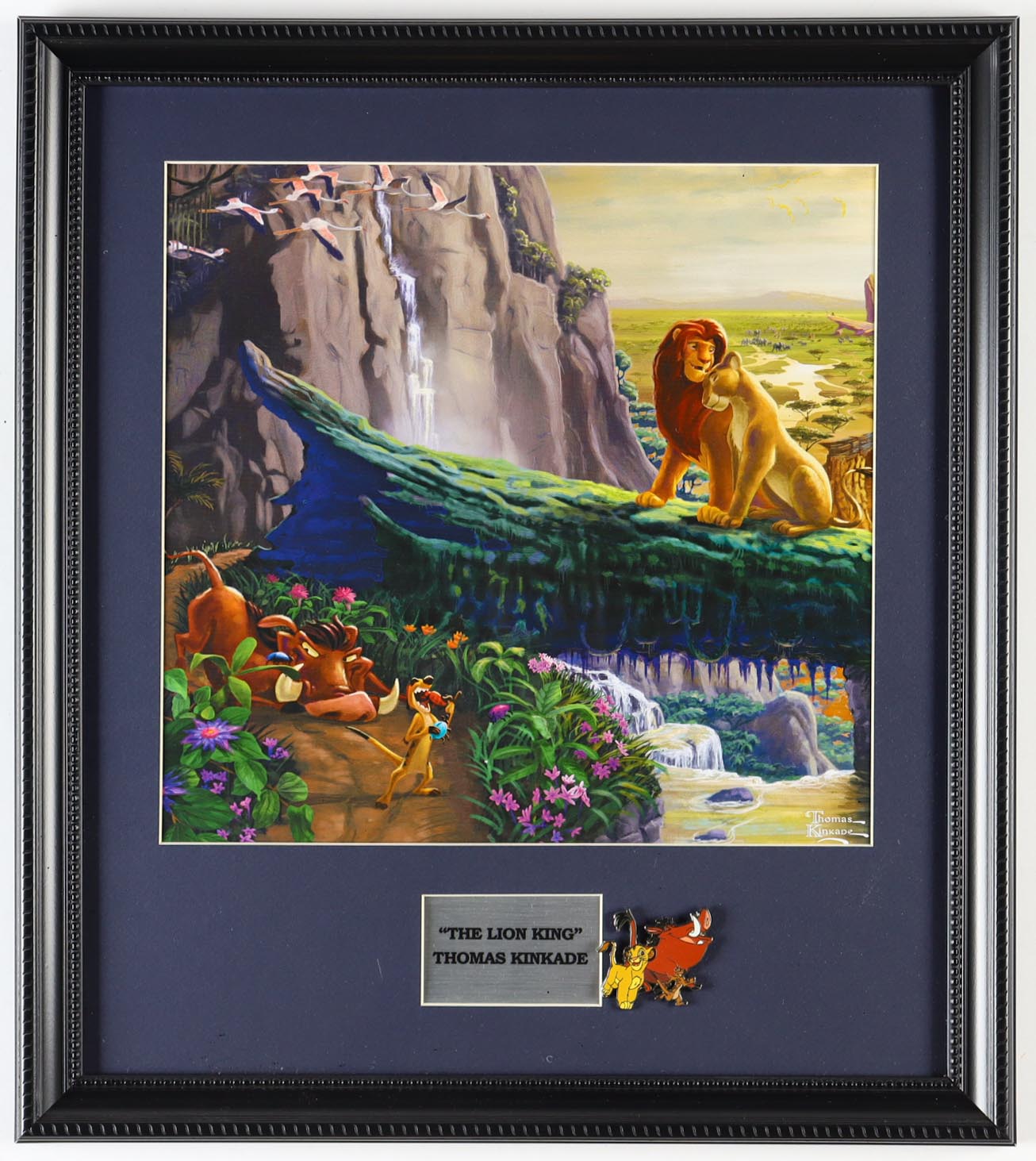 Thomas Kinkade Walt Disney's "The Lion King" Custom Framed Print Display With Simba, Pumba & Timon Character Pin at PristineAuction.com Thomas Kinkade Walt Disney's "The Lion King" Custom Framed Print Display With Simba, Pumba & Timon Character Pin at PristineAuction.com