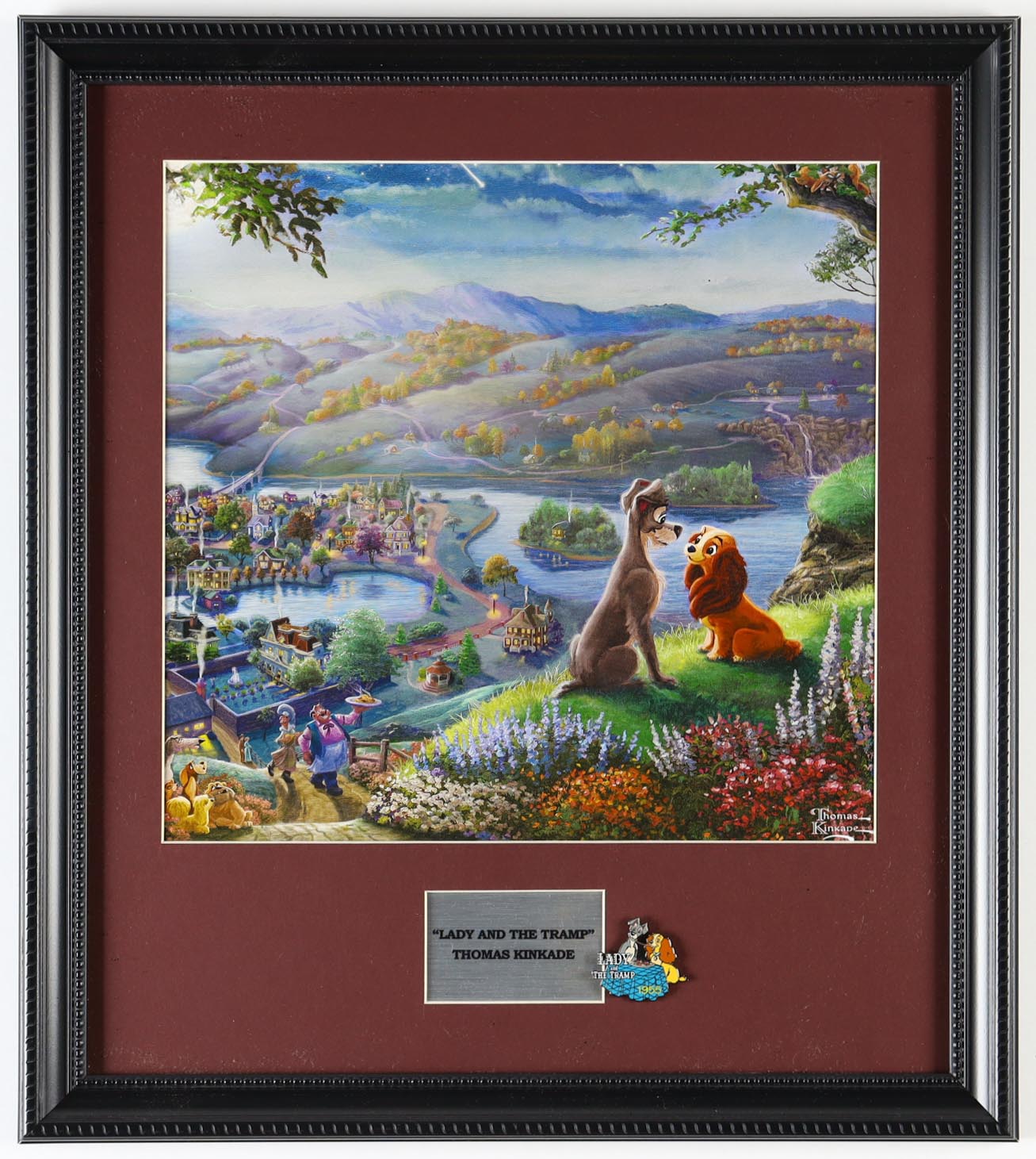 Thomas Kinkade "Lady & The Tramp" Custom Framed Print Display With 1955 Lady & The Tramp Movie Poster Pin at PristineAuction.com Thomas Kinkade "Lady & The Tramp" Custom Framed Print Display With 1955 Lady & The Tramp Movie Poster Pin at PristineAuction.com
