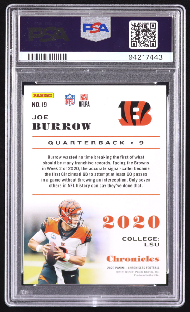 Joe Burrow 2020 Panini Chronicles Pink #19 RC (PSA 10) at PristineAuction.com Joe Burrow 2020 Panini Chronicles Pink #19 RC (PSA 10) at PristineAuction.com