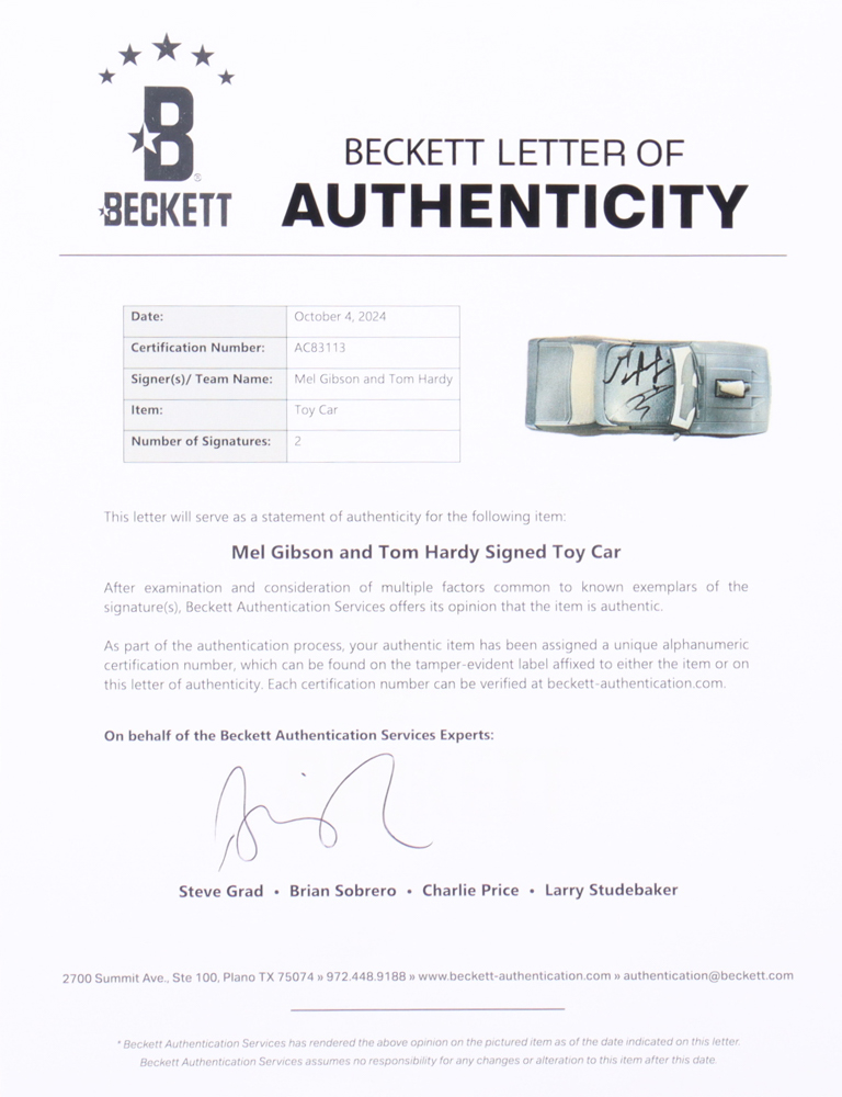 Mel Gibson & Tom Hardy Signed LE Last of the V8 Interceptors 1973 Ford Falcon XB 1:18 Die-Cast Car (Beckett) at PristineAuction.com Mel Gibson & Tom Hardy Signed LE Last of the V8 Interceptors 1973 Ford Falcon XB 1:18 Die-Cast Car (Beckett) at PristineAuction.com