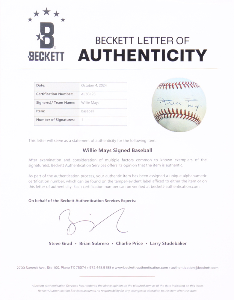 Willie Mays Signed ONL Baseball (Beckett) at PristineAuction.com Willie Mays Signed ONL Baseball (Beckett) at PristineAuction.com