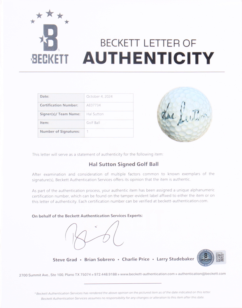 Hal Sutton Signed Golf Ball (Beckett) Pristine Auction