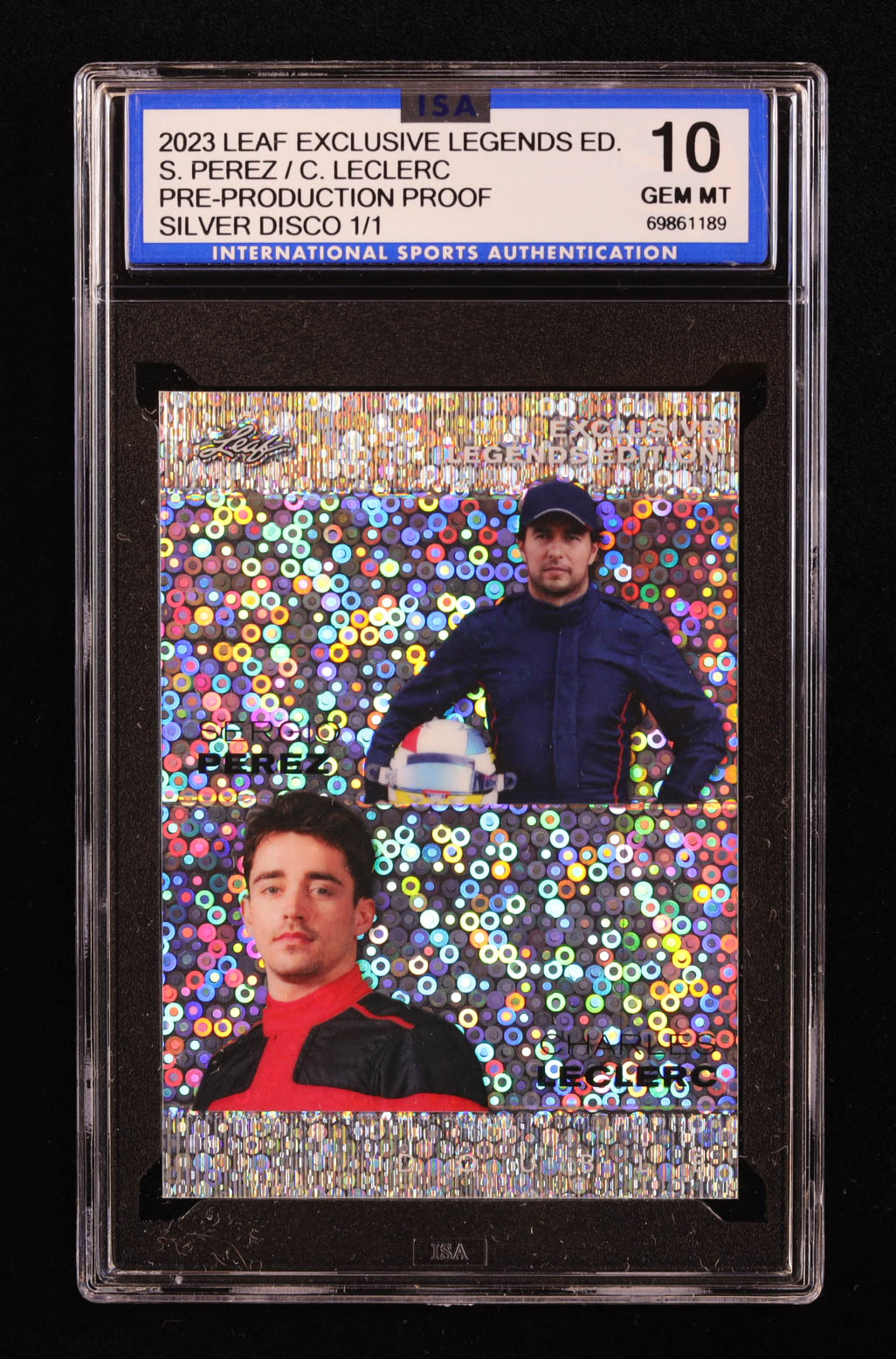 Sergio Perez / Charles Leclerc 2023 Leaf Exclusive Legends Edition Disco Silver Pre-Production Proof #NNO #1/1 (ISA 10) at PristineAuction.com Sergio Perez / Charles Leclerc 2023 Leaf Exclusive Legends Edition Disco Silver Pre-Production Proof #NNO #1/1 (ISA 10) at PristineAuction.com