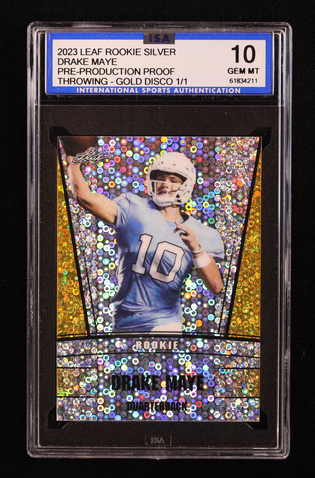 Drake Maye 2023 Leaf Rookie Silver Disco Gold Pre-Production Proof #NNO #1/1 RC (ISA 10) at PristineAuction.com Drake Maye 2023 Leaf Rookie Silver Disco Gold Pre-Production Proof #NNO #1/1 RC (ISA 10) at PristineAuction.com