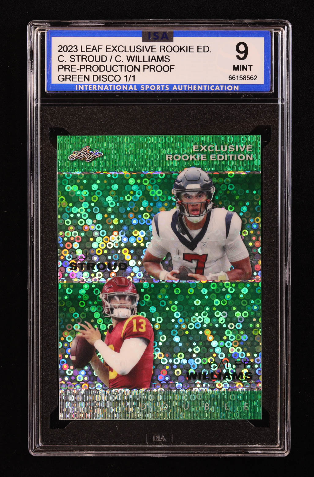 CJ Stroud / Caleb Williams 2023 Leaf Exclusive Rookie Edition Disco Green Pre-Production Proof #NNO #1/1 RC (ISA 9) at PristineAuction.com CJ Stroud / Caleb Williams 2023 Leaf Exclusive Rookie Edition Disco Green Pre-Production Proof #NNO #1/1 RC (ISA 9) at PristineAuction.com