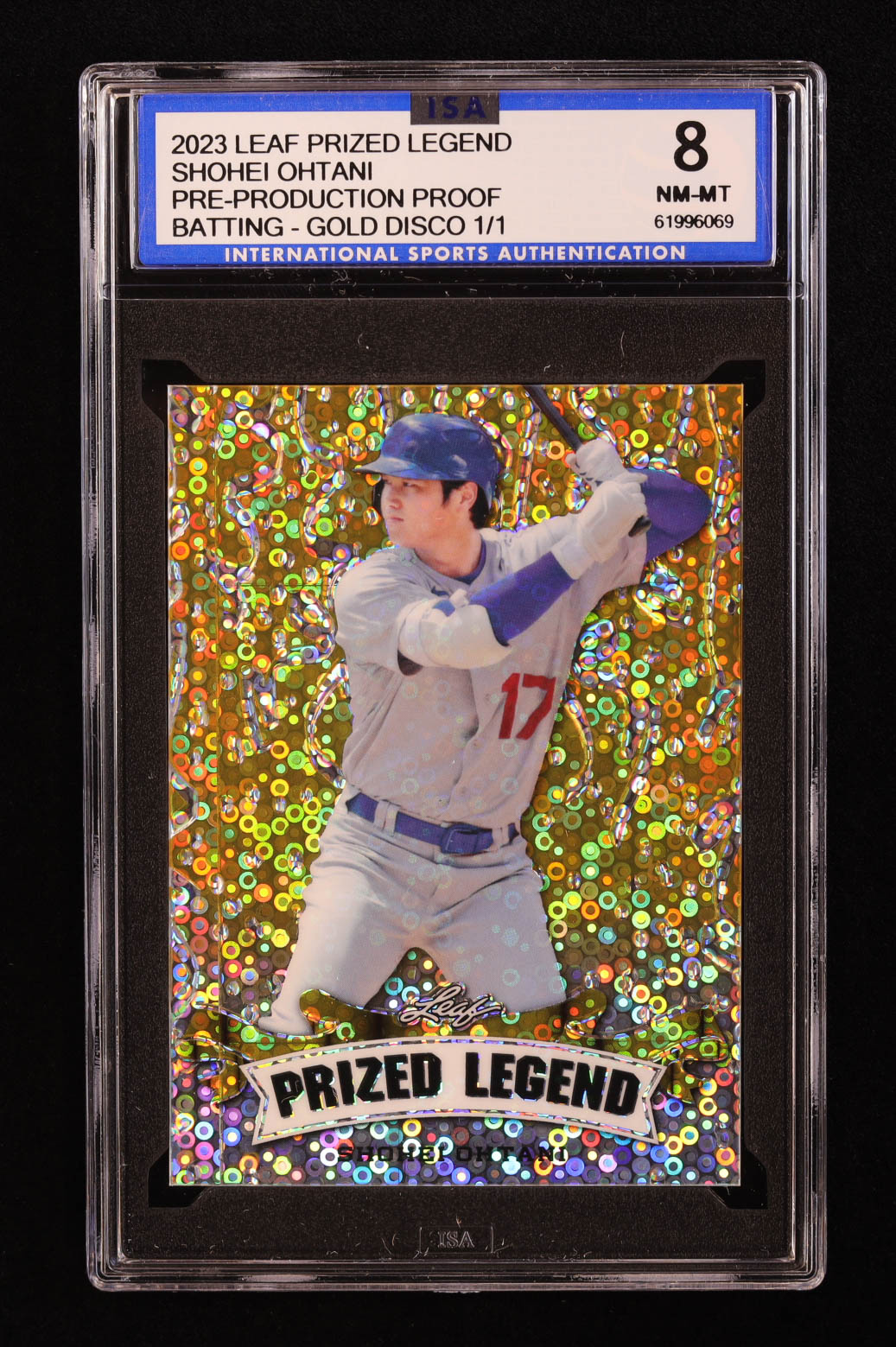 Shohei Ohtani 2023 Leaf Metal Prized Legend Disco Gold Pre-Production Proof #NNO #1/1 (ISA 8) at PristineAuction.com Shohei Ohtani 2023 Leaf Metal Prized Legend Disco Gold Pre-Production Proof #NNO #1/1 (ISA 8) at PristineAuction.com