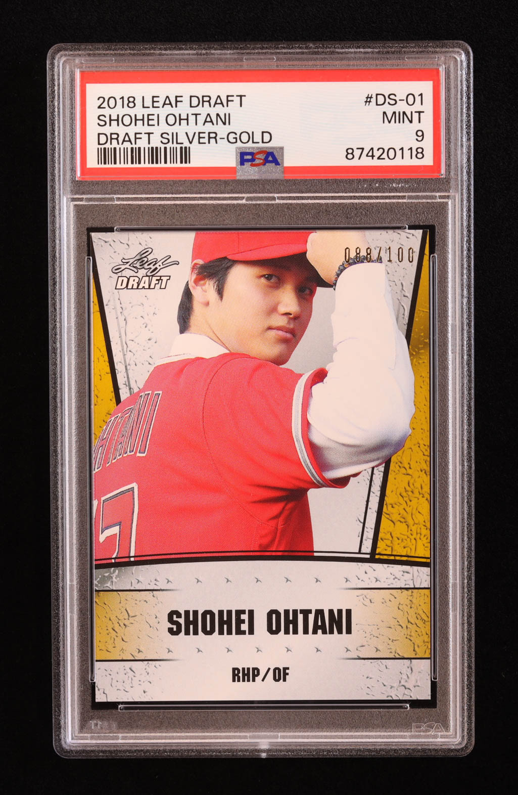 Shohei Ohtani 2018 Leaf Ohtani Draft Silver Gold #DS01 RC #088/100 (PSA 9) at PristineAuction.com Shohei Ohtani 2018 Leaf Ohtani Draft Silver Gold #DS01 RC #088/100 (PSA 9) at PristineAuction.com