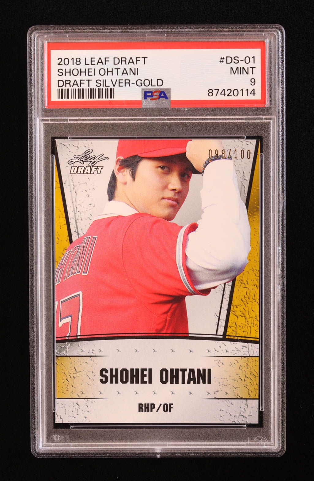 Shohei Ohtani 2018 Leaf Ohtani Draft Silver Gold #DS01 RC #098/100 (PSA 9) at PristineAuction.com Shohei Ohtani 2018 Leaf Ohtani Draft Silver Gold #DS01 RC #098/100 (PSA 9) at PristineAuction.com