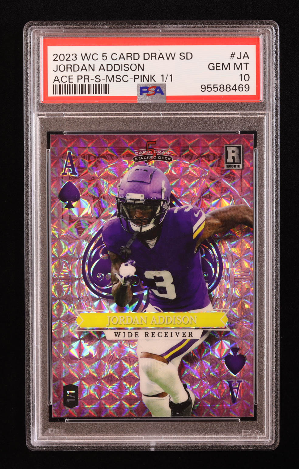 Jordan Addison 2023 Wild Card 5 Card Draw Stacked Deck Ace of Hearts Mosaic Pink #JA RC #1/1 (PSA 10) at PristineAuction.com Jordan Addison 2023 Wild Card 5 Card Draw Stacked Deck Ace of Hearts Mosaic Pink #JA RC #1/1 (PSA 10) at PristineAuction.com
