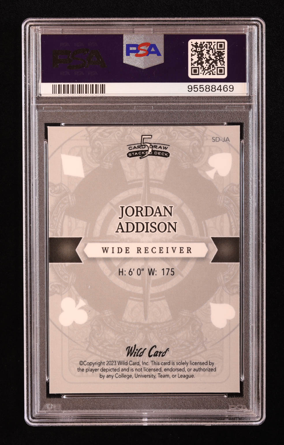 Jordan Addison 2023 Wild Card 5 Card Draw Stacked Deck Ace of Hearts Mosaic Pink #JA RC #1/1 (PSA 10) at PristineAuction.com Jordan Addison 2023 Wild Card 5 Card Draw Stacked Deck Ace of Hearts Mosaic Pink #JA RC #1/1 (PSA 10) at PristineAuction.com