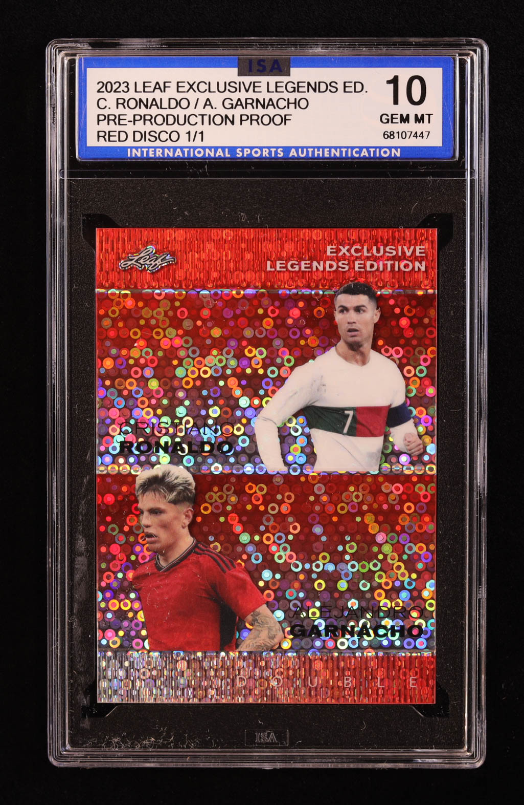 Cristiano Ronaldo / Alejandro Garnacho 2023 Leaf Exclusive Legends Edition Disco Red Pre-Production Proof #NNO #1/1 (ISA 10) at PristineAuction.com Cristiano Ronaldo / Alejandro Garnacho 2023 Leaf Exclusive Legends Edition Disco Red Pre-Production Proof #NNO #1/1 (ISA 10) at PristineAuction.com