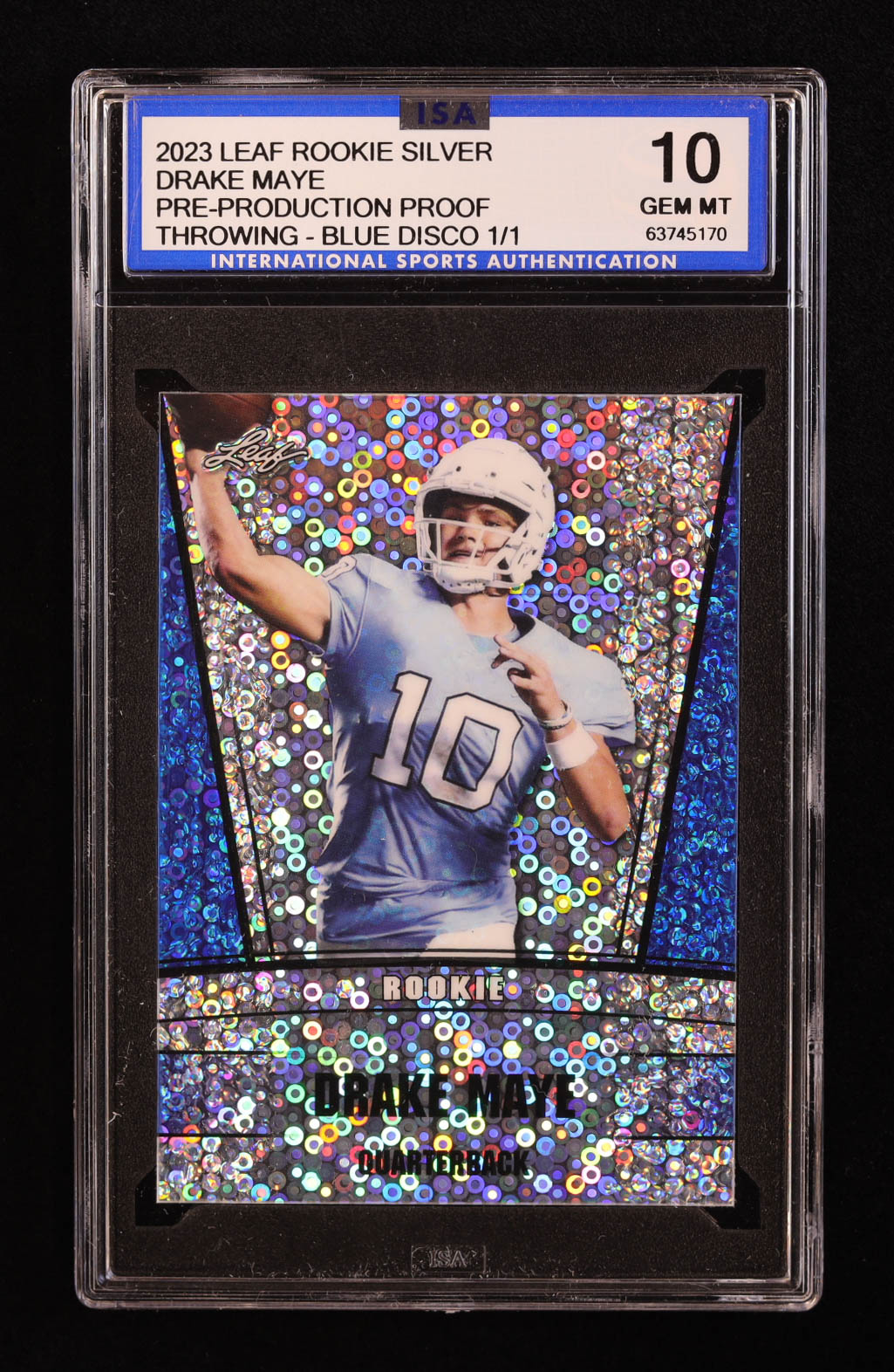 Drake Maye 2023 Leaf Rookie Silver Disco Blue Pre-Production Proof #NNO #1/1 RC (ISA 10) at PristineAuction.com Drake Maye 2023 Leaf Rookie Silver Disco Blue Pre-Production Proof #NNO #1/1 RC (ISA 10) at PristineAuction.com