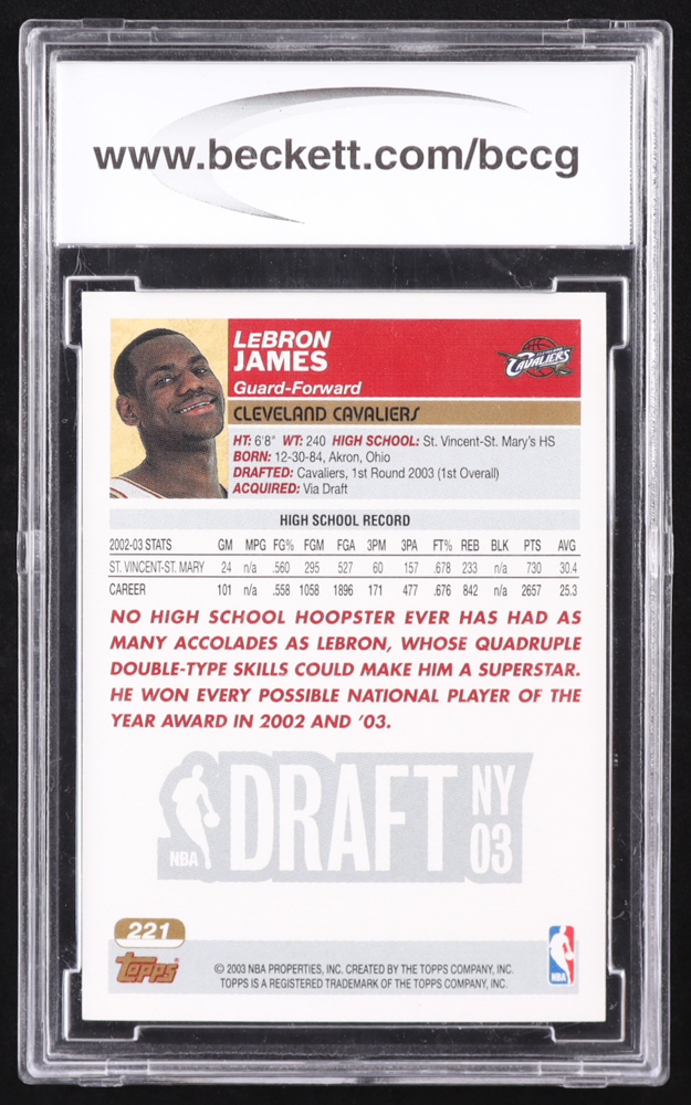 LeBron James 2003 Topps #221 RC (BCCG 10) at PristineAuction.com LeBron James 2003 Topps #221 RC (BCCG 10) at PristineAuction.com