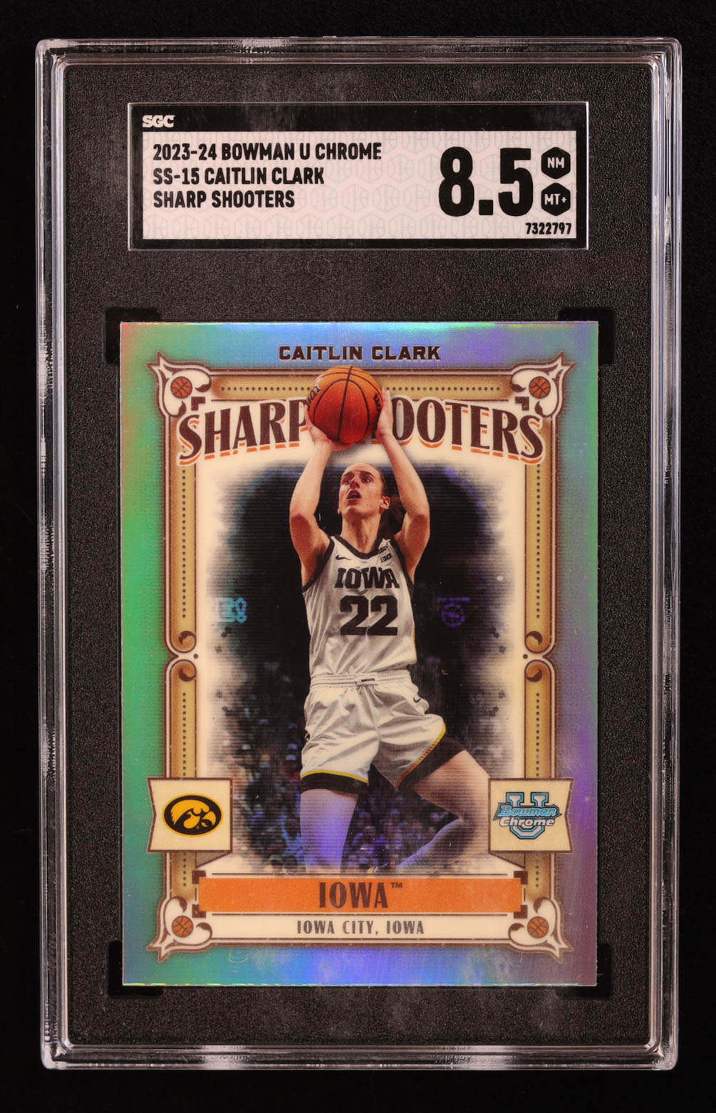 Caitlin Clark 2023-24 Bowman Chrome University Sharp Shooters #SS15 RC (SGC 8.5) at PristineAuction.com Caitlin Clark 2023-24 Bowman Chrome University Sharp Shooters #SS15 RC (SGC 8.5) at PristineAuction.com