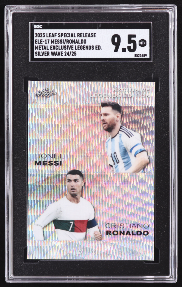 Cristiano Ronaldo / Lionel Messi 2023 Leaf Special Release Metal Exclusive Legends Edition Wave Silver #ELE17 #24/25 (SGC 9.5) at PristineAuction.com Cristiano Ronaldo / Lionel Messi 2023 Leaf Special Release Metal Exclusive Legends Edition Wave Silver #ELE17 #24/25 (SGC 9.5) at PristineAuction.com