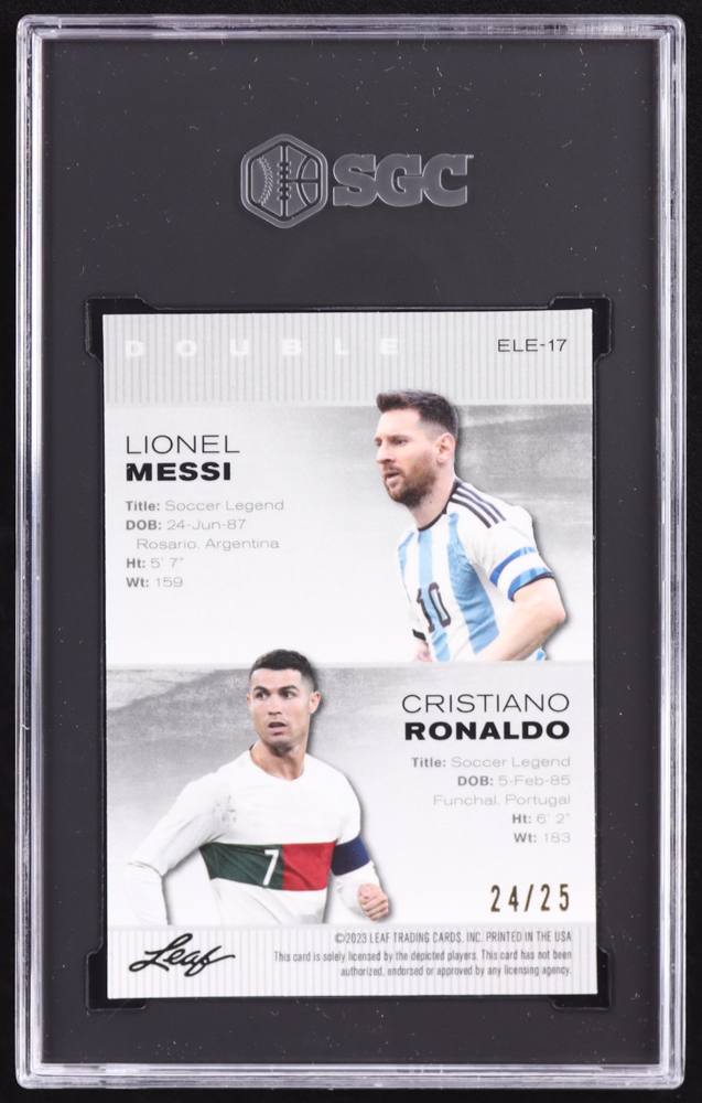 Cristiano Ronaldo / Lionel Messi 2023 Leaf Special Release Metal Exclusive Legends Edition Wave Silver #ELE17 #24/25 (SGC 9.5) at PristineAuction.com Cristiano Ronaldo / Lionel Messi 2023 Leaf Special Release Metal Exclusive Legends Edition Wave Silver #ELE17 #24/25 (SGC 9.5) at PristineAuction.com