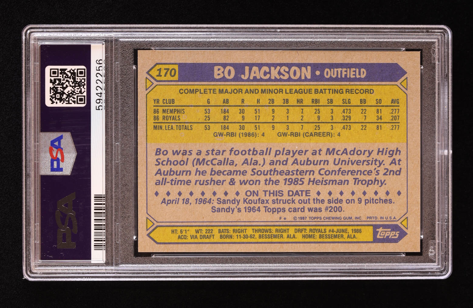 Bo Jackson 1987 Topps #170 RC (PSA 9) at PristineAuction.com Bo Jackson 1987 Topps #170 RC (PSA 9) at PristineAuction.com