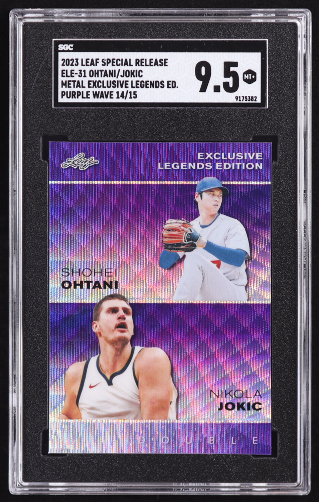 Shohei Ohtani / Nikola Jokic 2023 Leaf Special Release Metal Exclusive Legends Edition Wave Purple #ELE31 #14/15 (SGC 9.5) at PristineAuction.com Shohei Ohtani / Nikola Jokic 2023 Leaf Special Release Metal Exclusive Legends Edition Wave Purple #ELE31 #14/15 (SGC 9.5) at PristineAuction.com