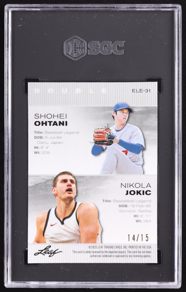Shohei Ohtani / Nikola Jokic 2023 Leaf Special Release Metal Exclusive Legends Edition Wave Purple #ELE31 #14/15 (SGC 9.5) at PristineAuction.com Shohei Ohtani / Nikola Jokic 2023 Leaf Special Release Metal Exclusive Legends Edition Wave Purple #ELE31 #14/15 (SGC 9.5) at PristineAuction.com
