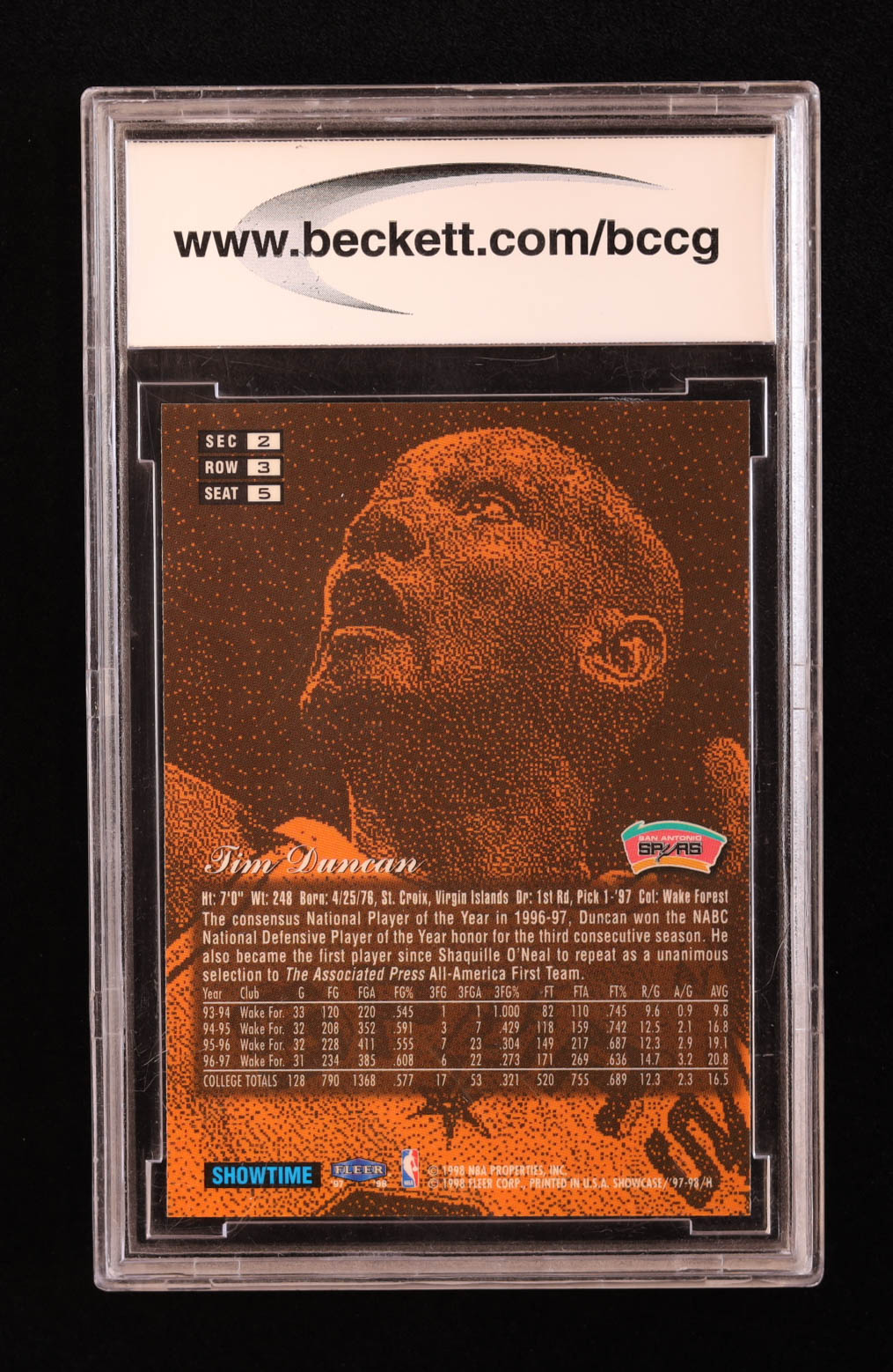 Tim Duncan 1997-98 Flair Showcase Row 3 #5 RC (BCCG 10) at PristineAuction.com Tim Duncan 1997-98 Flair Showcase Row 3 #5 RC (BCCG 10) at PristineAuction.com