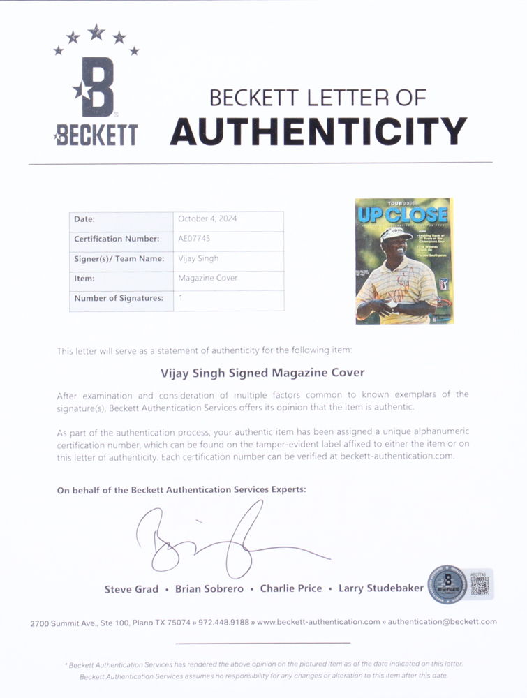 Vijay Singh Signed 15x17 Custom Framed Photo Display (Beckett) at PristineAuction.com Vijay Singh Signed 15x17 Custom Framed Photo Display (Beckett) at PristineAuction.com