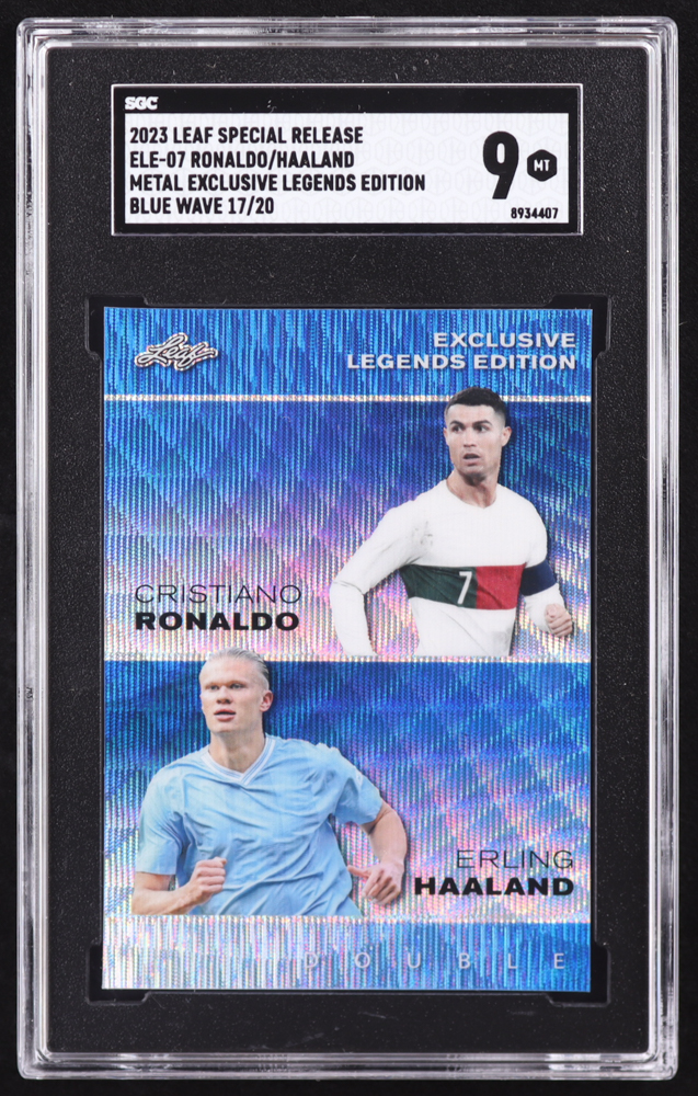 Cristiano Ronaldo / Erling Haaland 2023 Leaf Special Release Metal Exclusive Legends Edition Wave Blue #ELE07 #17/20 (SGC 9) at PristineAuction.com Cristiano Ronaldo / Erling Haaland 2023 Leaf Special Release Metal Exclusive Legends Edition Wave Blue #ELE07 #17/20 (SGC 9) at PristineAuction.com