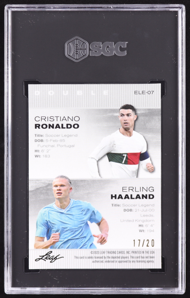 Cristiano Ronaldo / Erling Haaland 2023 Leaf Special Release Metal Exclusive Legends Edition Wave Blue #ELE07 #17/20 (SGC 9) at PristineAuction.com Cristiano Ronaldo / Erling Haaland 2023 Leaf Special Release Metal Exclusive Legends Edition Wave Blue #ELE07 #17/20 (SGC 9) at PristineAuction.com