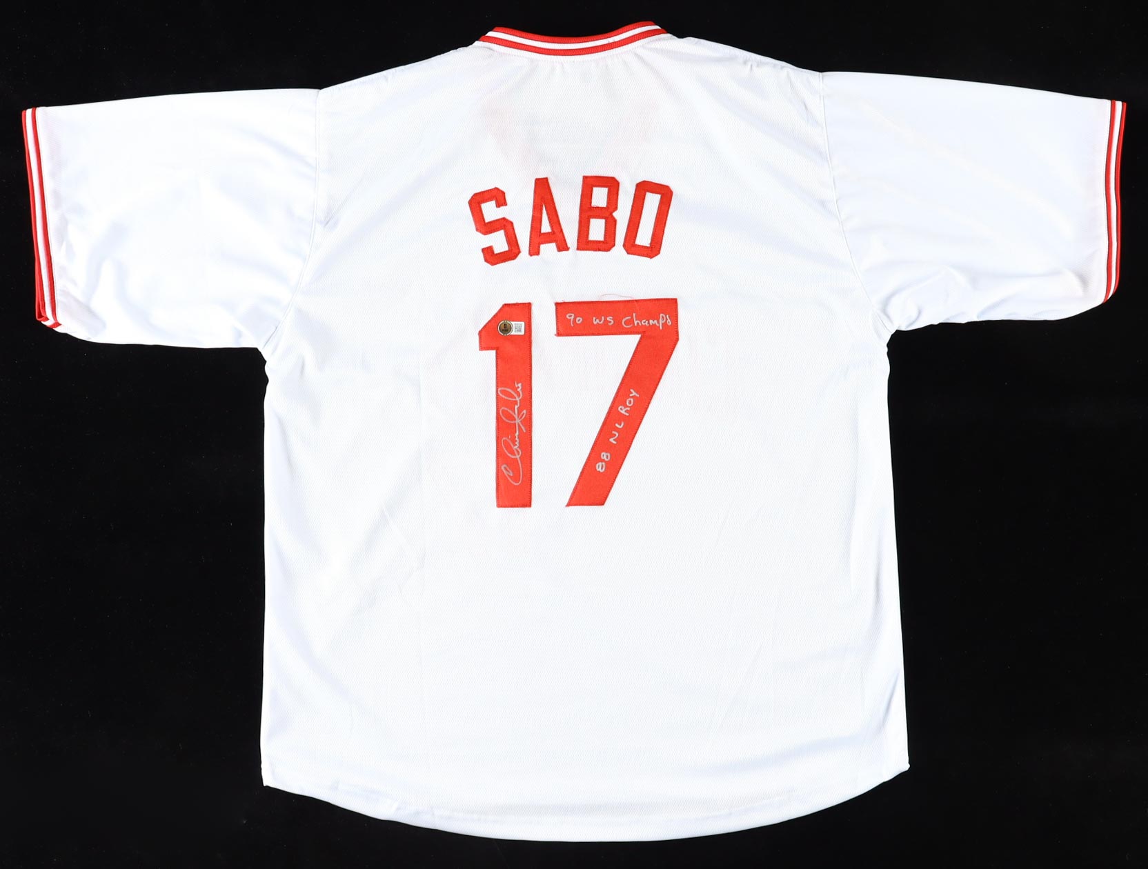 Chris Sabo Signed Jersey Inscribed "90 WS Champs" & "88 NL ROY" (Beckett) at PristineAuction.com Chris Sabo Signed Jersey Inscribed "90 WS Champs" & "88 NL ROY" (Beckett) at PristineAuction.com