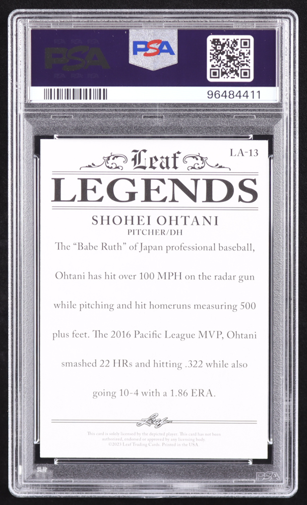 Shohei Ohtani 2023 Leaf Special Release Legends Achievement Purple #LA13 #3/10 (PSA 10) at PristineAuction.com Shohei Ohtani 2023 Leaf Special Release Legends Achievement Purple #LA13 #3/10 (PSA 10) at PristineAuction.com